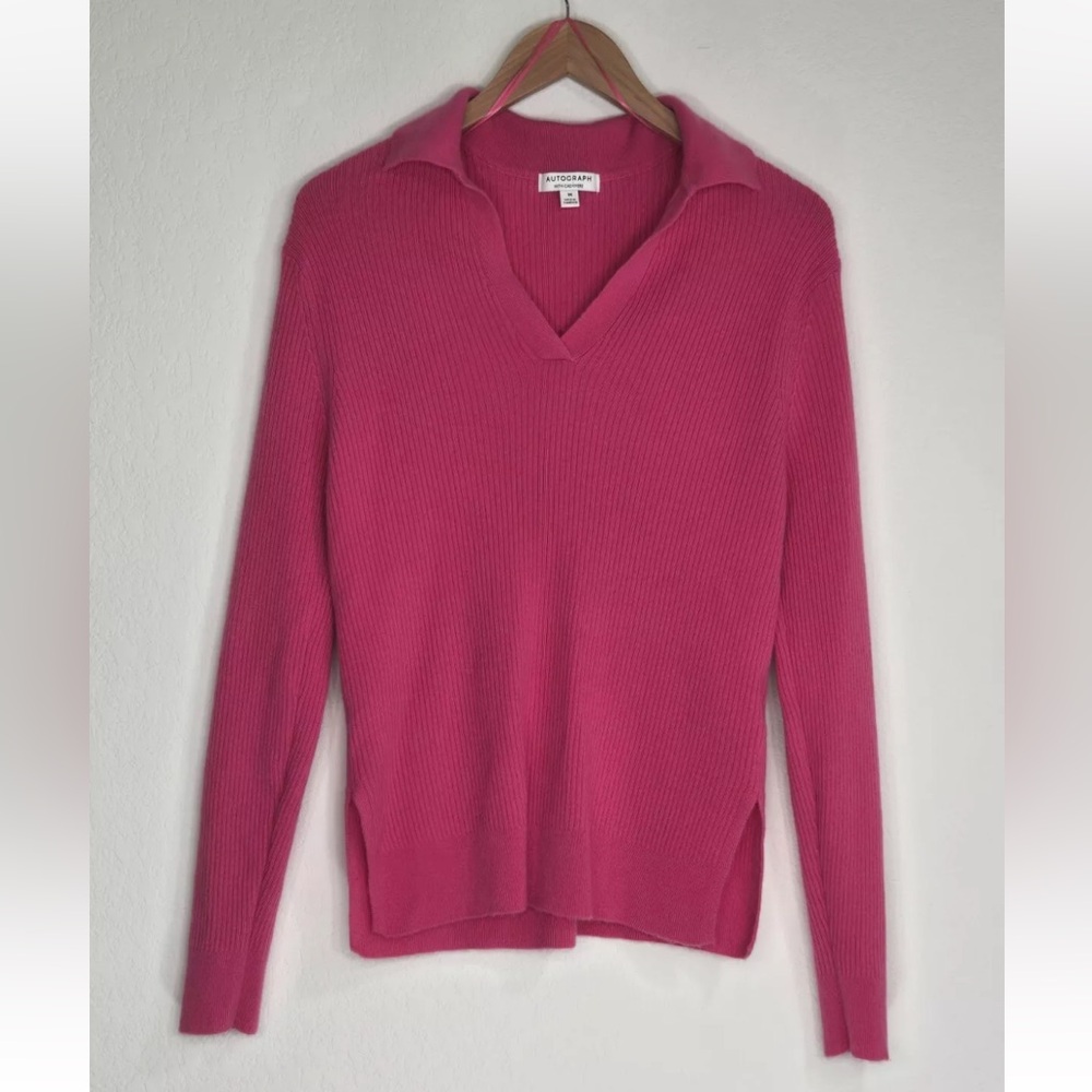 M&S Autograph Fuschia Pink Merino Wool Cashmere V Neck Sweater Size M Womens